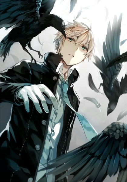 Anime picture 1263x1809 with original mogumo tall image short hair simple background blonde hair green eyes looking away open clothes open jacket boy gloves animal shirt necktie jacket white gloves bird (birds) feather (feathers) crow