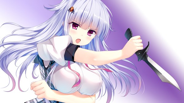 Anime picture 1280x720 with shirogane x spirits! giga kiryuu chikage kino (kino konomi) single long hair looking at viewer blush fringe breasts open mouth light erotic wide image purple eyes holding game cg grey hair huge breasts girl uniform