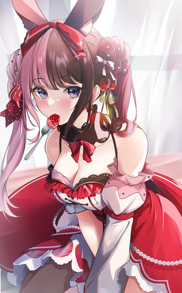 Anime picture 4024x6488 with virtual youtuber vspo! iris black games tachibana hinano (vtuber) mika uni single long hair tall image looking at viewer blush highres breasts light erotic brown hair large breasts purple eyes twintails holding animal ears pink hair