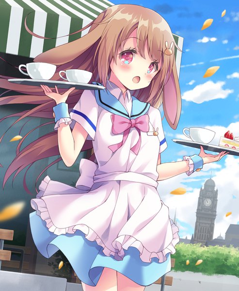 Anime picture 690x840 with original satsuki yukimi single long hair tall image looking at viewer blush fringe open mouth hair between eyes red eyes brown hair standing holding payot sky cloud (clouds) outdoors pleated skirt wind