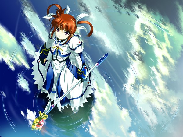 Anime picture 1024x768 with mahou shoujo lyrical nanoha takamachi nanoha skyt2 brown hair sky cloud (clouds) from above reflection looking up ripples girl dress staff