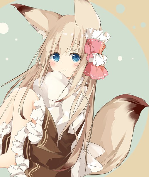 Anime picture 1355x1600 with original kushida you single long hair tall image looking at viewer blush fringe blue eyes simple background blonde hair smile sitting animal ears bent knee (knees) tail animal tail pleated skirt barefoot bare legs