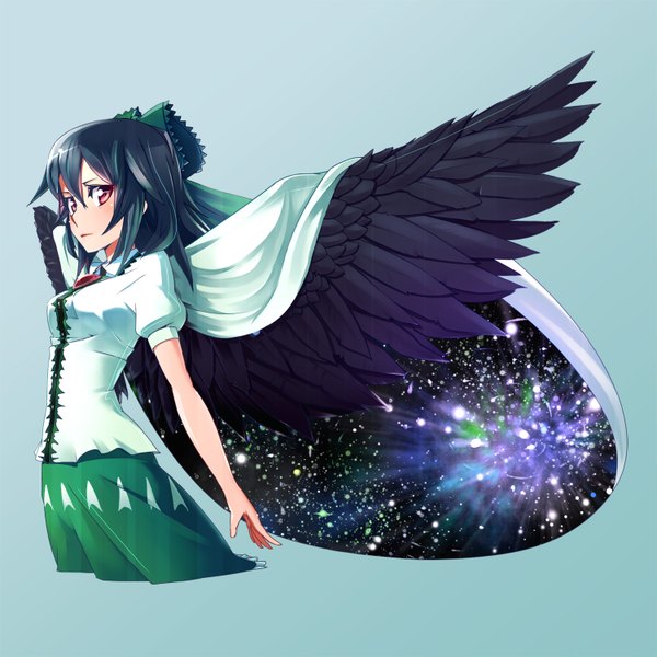 Anime picture 1500x1500 with touhou reiuji utsuho pmpmpm single blush fringe short hair simple background blue hair pink eyes dark hair starry sky print space print girl skirt bow hair bow wings blouse green skirt