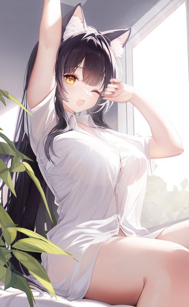 Anime-Bild 2527x4096 mit original kagefumi single long hair tall image looking at viewer fringe highres breasts open mouth light erotic black hair large breasts animal ears yellow eyes indoors blunt bangs one eye closed arms up short sleeves