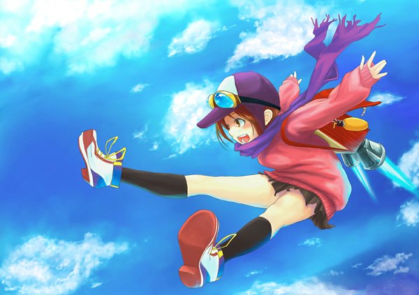 Anime picture 1169x826 with noeldon (okamocheese) single blush open mouth brown hair brown eyes sky cloud (clouds) spread arms flying girl miniskirt socks glasses headdress scarf black socks goggles flat cap