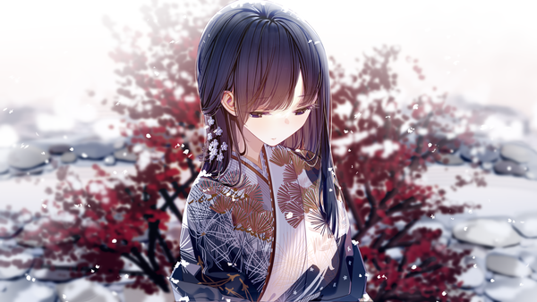 Anime picture 2560x1440 with original atha (leejuiping) single long hair fringe highres black hair wide image purple eyes looking away upper body outdoors blunt bangs traditional clothes japanese clothes hair flower blurry depth of field snow girl