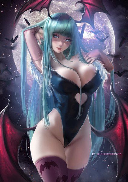 Anime picture 707x1000 with vampire / darkstalkers (game) capcom morrigan aensland donyta single long hair tall image looking at viewer fringe breasts light erotic large breasts standing blunt bangs arm up aqua eyes realistic aqua hair night night sky