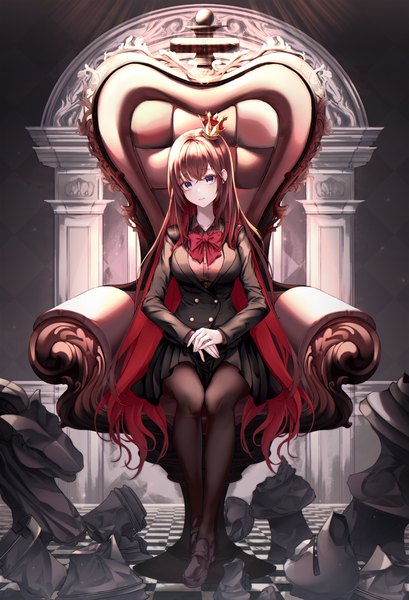 Anime picture 2794x4096 with maplestory g home single long hair tall image looking at viewer blush fringe highres blue eyes hair between eyes brown hair sitting full body red hair long sleeves head tilt pleated skirt multicolored hair two-tone hair