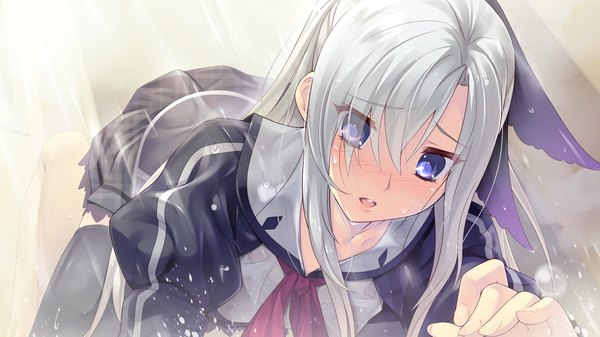 Anime picture 1280x720 with tokeijikake no ley line mibu tsubaki urabi (tomatohouse) long hair blush open mouth blue eyes wide image game cg white hair ponytail girl thighhighs uniform black thighhighs school uniform