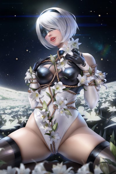 Anime picture 4800x7200 with nier nier:automata yorha no. 2 type b ayyasap single tall image fringe highres short hair breasts light erotic large breasts signed absurdres silver hair bent knee (knees) outdoors parted lips head tilt lips
