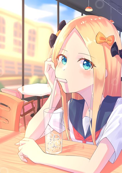 Anime picture 3035x4299 with fate (series) fate/grand order abigail williams (fate) skimun single long hair tall image looking at viewer blush fringe highres blue eyes blonde hair sitting holding absurdres upper body indoors blurry short sleeves