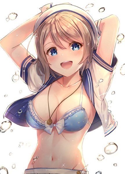 Anime picture 1100x1529 with love live! sunshine!! sunrise (studio) love live! watanabe you motokonut single tall image looking at viewer blush fringe short hair breasts open mouth blue eyes light erotic simple background smile hair between eyes large breasts white background