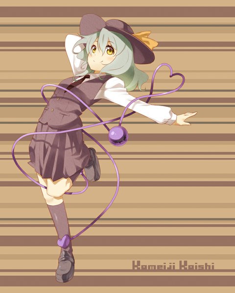 Anime picture 800x1000 with touhou komeiji koishi yuuzii single tall image blush short hair smile standing yellow eyes bent knee (knees) aqua hair alternate costume character names outstretched arm standing on one leg looking up arm behind head striped brown background