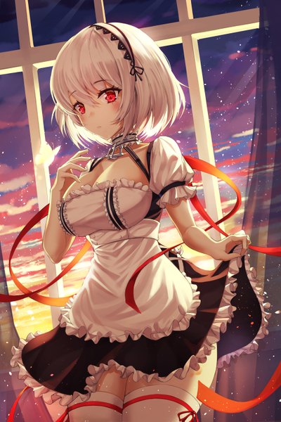 Anime picture 2000x3000 with azur lane sirius (azur lane) hyangu single tall image looking at viewer blush fringe highres short hair breasts hair between eyes red eyes large breasts standing sky cleavage silver hair cloud (clouds) indoors