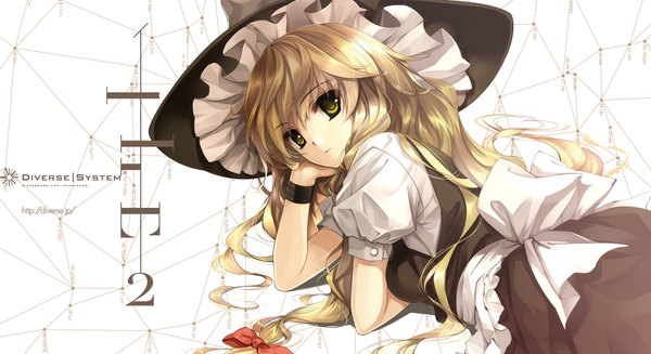 Anime picture 1980x1080 with touhou kirisame marisa diverse system single long hair highres blonde hair wide image yellow eyes arm support girl bow hat witch hat
