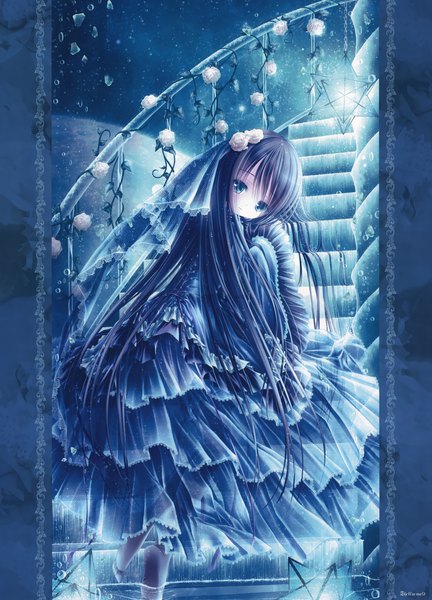 Anime picture 3454x4799 with original tinker bell single long hair tall image highres blue eyes black hair absurdres scan loli lolita fashion girl dress flower (flowers) frills
