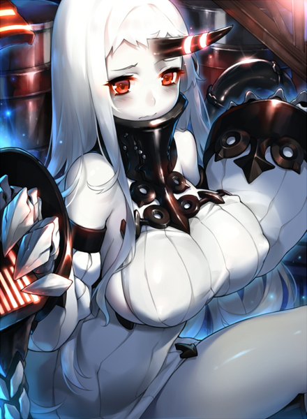 Anime picture 953x1300 with kantai collection seaport hime suika01 single long hair tall image looking at viewer blush breasts light erotic red eyes large breasts sitting white hair horn (horns) no bra erect nipples shiny skin sideboob covered nipples