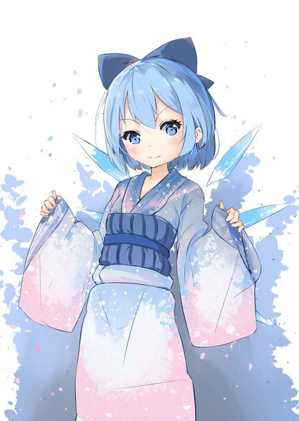 Anime picture 1447x2039 with touhou cirno small rabbit single tall image looking at viewer short hair blue eyes smile blue hair long sleeves traditional clothes japanese clothes sleeves past wrists girl kimono obi