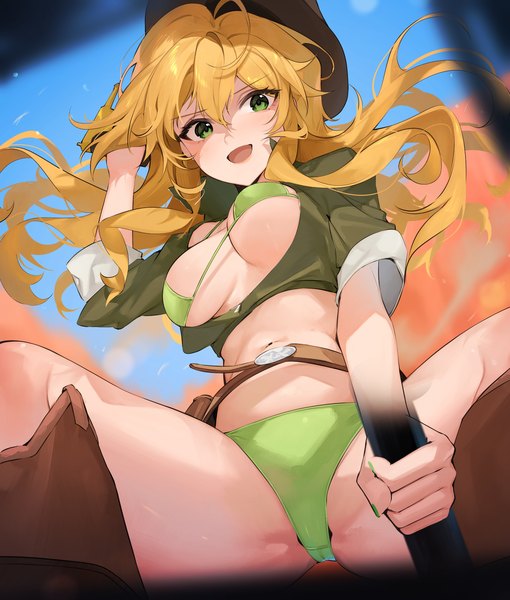Anime picture 1700x2000 with idolmaster idolmaster (classic) hoshii miki koyo akio single long hair tall image looking at viewer fringe breasts open mouth light erotic blonde hair smile hair between eyes large breasts sitting holding green eyes sky