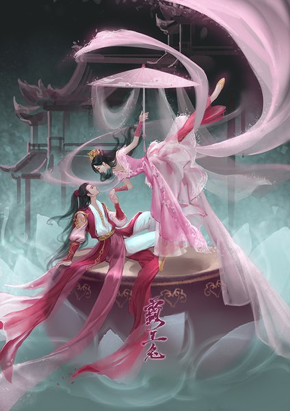 Anime picture 707x1000 with jian xia qing yuan jian xia qing yuan online 3 cony (comicsun) long hair tall image black hair sitting holding full body bent knee (knees) traditional clothes profile arm support floating hair holding hands hieroglyph half updo face to face eye contact weightlessness