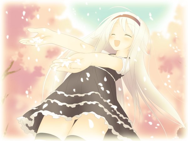 Anime picture 1600x1200 with hoshizora no memoria mare s ephemeral shida kazuhiro single long hair blush open mouth smile game cg ahoge white hair eyes closed from below loli cherry blossoms laughing girl thighhighs dress black thighhighs