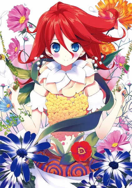 Anime picture 2324x3300 with original eshi 100-nin ten fumio (ura fmo) single long hair tall image looking at viewer blush highres blue eyes smile white background red hair scan floral background white skin girl dress flower (flowers) plant (plants)