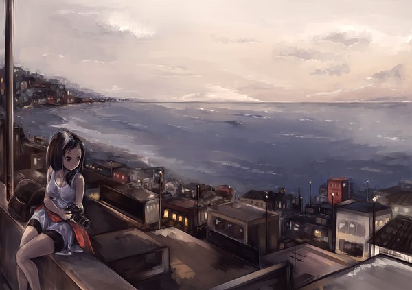 Anime picture 1477x1042 with original oyeung single long hair black hair sitting holding looking away sky cloud (clouds) outdoors black eyes city evening horizon cityscape girl shorts sea building (buildings)