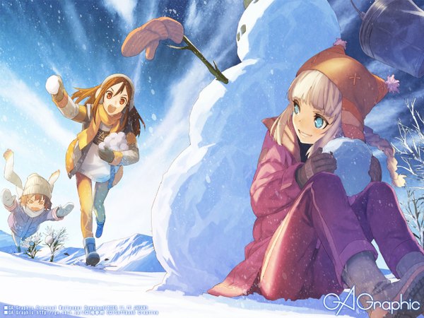 Anime picture 1280x960 with gagraphic tsubaki harusame multiple girls wallpaper snowing winter snow girl 3 girls snowman snowball
