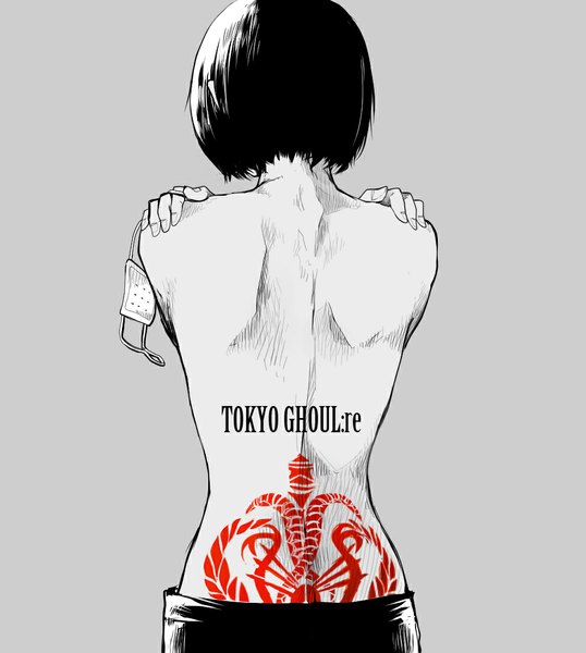 Anime picture 980x1092 with tokyo ghoul tokyo ghoul:re studio pierrot mutsuki tooru noppo single tall image short hair simple background standing bare shoulders from behind inscription grey background tattoo copyright name monochrome topless bare back spot color