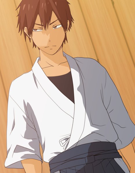 Anime picture 854x1100 with tsurune: kazemai koukou kyuudoubu onogi kaito iga issen (1ga) single tall image fringe short hair hair between eyes brown hair brown eyes looking away upper body traditional clothes japanese clothes short sleeves dark skin shaded face serious frown boy