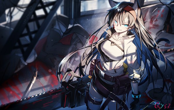 Anime picture 1850x1176 with arknights blaze (arknights) qys3 long hair looking at viewer blush fringe highres blue eyes black hair smile hair between eyes standing holding signed animal ears multicolored hair from above two-tone hair blood on face