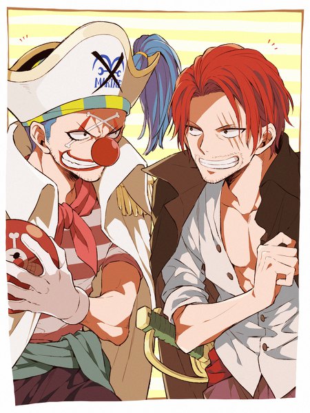 Anime picture 900x1200 with one piece toei animation shanks buggy the clown hoyano long hair tall image short hair smile blue hair red hair multiple boys scar clothes on shoulders face paint smirk clown boy gloves weapon