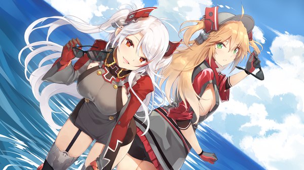 Anime picture 1920x1080 with azur lane prinz eugen (azur lane) admiral hipper (azur lane) yappen long hair looking at viewer highres breasts light erotic blonde hair red eyes wide image large breasts multiple girls green eyes sky silver hair cloud (clouds) ahoge leaning