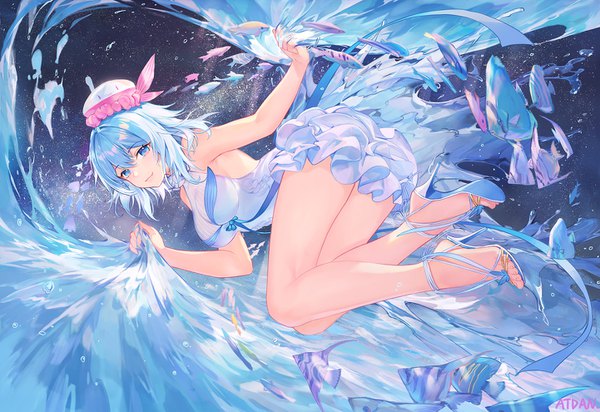 Anime picture 1441x990 with vocaloid synthesizer v haiyi atdan single looking at viewer blush fringe short hair blue eyes smile hair between eyes bare shoulders signed blue hair full body bent knee (knees) bare legs fang (fangs) high heels