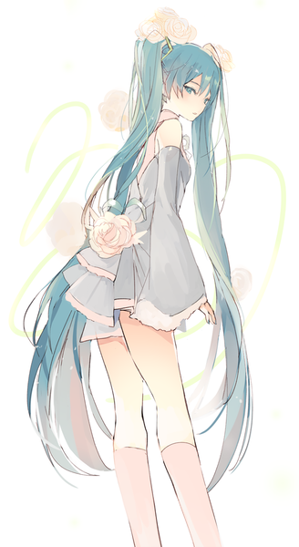 Anime picture 614x1122 with vocaloid hatsune miku lpip single tall image looking at viewer fringe simple background hair between eyes standing white background twintails long sleeves very long hair looking back hair flower aqua eyes from behind aqua hair wide sleeves
