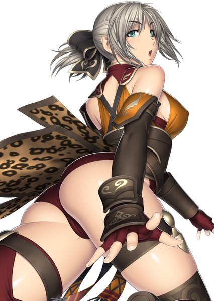 Anime picture 2591x3650 with soulcalibur single tall image highres short hair open mouth blue eyes light erotic simple background white background bare shoulders ass looking back grey hair girl gloves underwear panties fingerless gloves