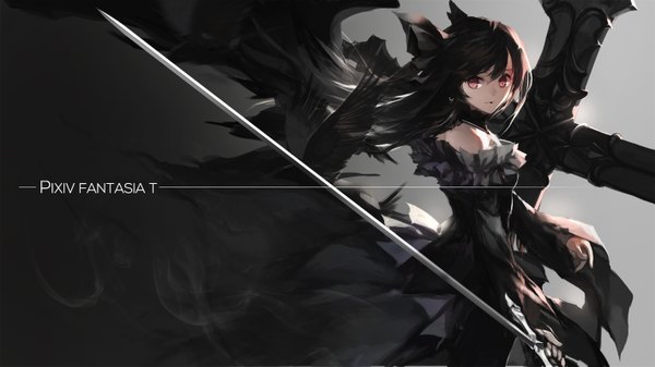 Anime picture 1418x797 with original pixiv fantasia pixiv fantasia t swd3e2 single long hair looking at viewer black hair red eyes wide image girl dress bow weapon hair bow animal sword bird (birds) cross crow