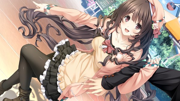 Anime picture 1280x720 with kiss ato hoshimi tsukuyo mikoto akemi looking at viewer blush fringe breasts open mouth brown hair wide image large breasts holding brown eyes game cg very long hair from above happy walking dress flower (flowers)