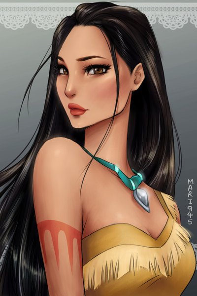 Anime picture 2000x3000 with pocahontas disney pocahontas (character) mari945 single long hair tall image looking at viewer blush highres black hair simple background bare shoulders brown eyes signed cleavage lips grey background tattoo lipstick
