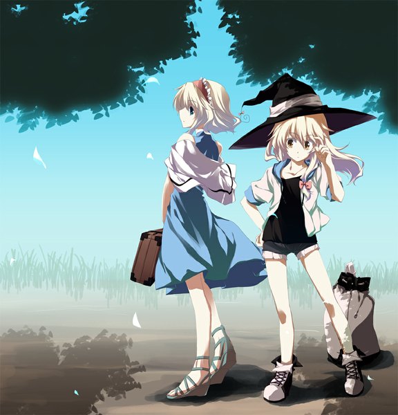 Anime picture 1000x1041 with touhou kirisame marisa alice margatroid namatarou (artist) long hair tall image short hair blue eyes blonde hair multiple girls yellow eyes looking back light smile girl 2 girls hairband witch hat