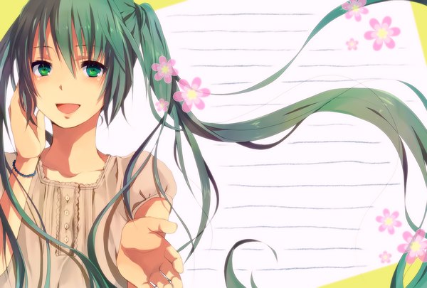 Anime picture 1748x1181 with vocaloid hatsune miku yuzumikoto single long hair highres open mouth twintails green eyes green hair girl flower (flowers)