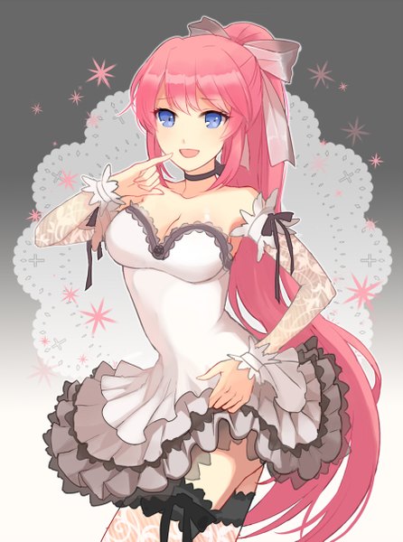 Anime picture 900x1209 with vocaloid megurine luka apring single long hair tall image looking at viewer blush open mouth blue eyes smile pink hair cleavage :d grey background finger to mouth girl thighhighs dress ribbon (ribbons)