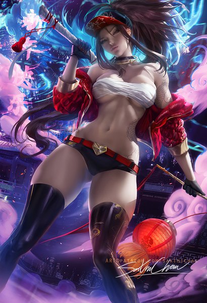 Anime picture 684x1000 with league of legends k/da (league of legends) akali (league of legends) k/da akali sakimichan single long hair tall image looking at viewer fringe breasts light erotic hair between eyes brown hair standing bare shoulders holding brown eyes signed payot