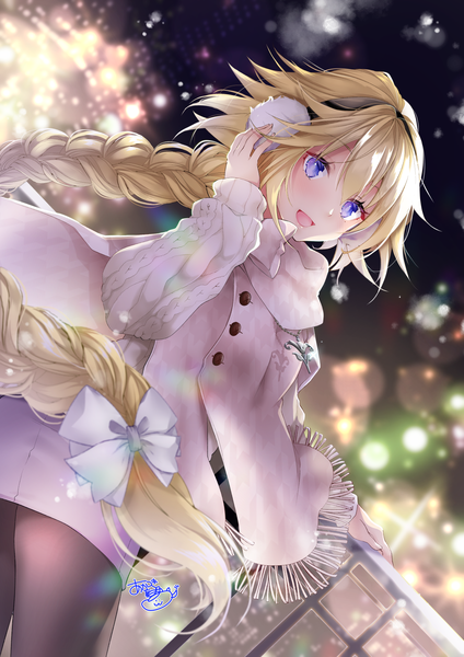 Anime picture 1283x1815 with fate (series) fate/grand order jeanne d'arc (fate) (all) jeanne d'arc (fate) akatsuki hijiri single long hair tall image blush fringe open mouth blue eyes blonde hair smile hair between eyes standing signed outdoors braid (braids) long sleeves