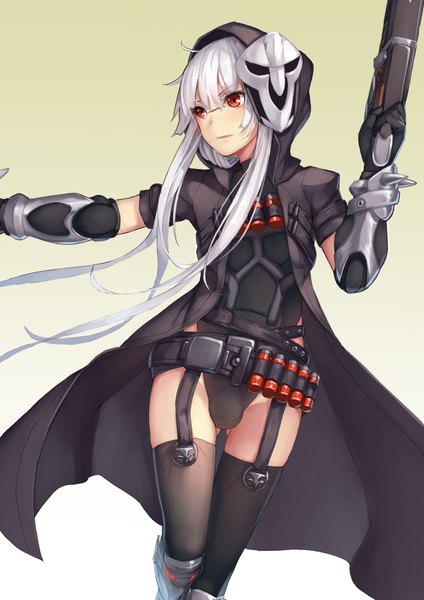 Anime picture 1240x1754 with overwatch blizzard entertainment reaper (overwatch) musynexsk single long hair tall image fringe light erotic simple background hair between eyes red eyes looking away silver hair bent knee (knees) parted lips arm up light smile short sleeves fang (fangs)