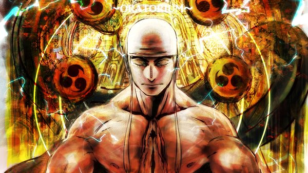 Anime picture 7680x4320 with one piece toei animation enel kurtoglu72 single highres wide image absurdres upper body eyes closed inscription muscle hands clasped electricity boy headscarf