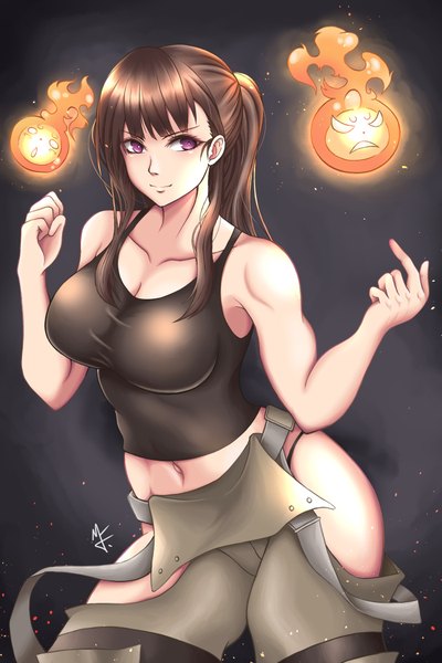 Anime picture 1400x2100 with en'en no shouboutai david production maki oze user anyh2548 single long hair tall image looking at viewer fringe breasts light erotic brown hair large breasts purple eyes bare shoulders signed payot ponytail midriff thighs