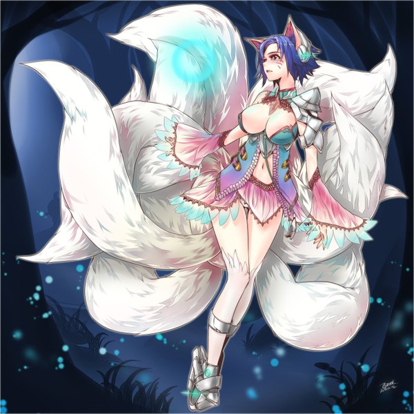 Anime picture 3000x3000 with league of legends ahri (league of legends) ejami single blush highres short hair breasts blue eyes light erotic large breasts animal ears blue hair tail pantyshot facial mark fox girl multiple tails whisker markings girl