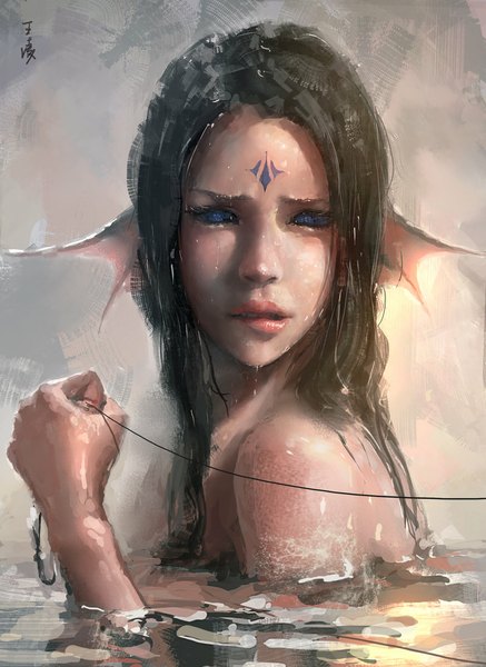 Anime picture 800x1096 with original wlop single long hair tall image blue eyes black hair bare shoulders lips pointy ears realistic wet girl water mermaid fishing rod