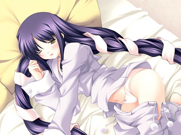 Anime picture 1024x768 with saishuu shiken kujira (game) zexcs kujira no shoujo long hair light erotic yellow eyes game cg purple hair girl underwear panties